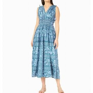 Blue Printed Midi Dress with Smocked Waist